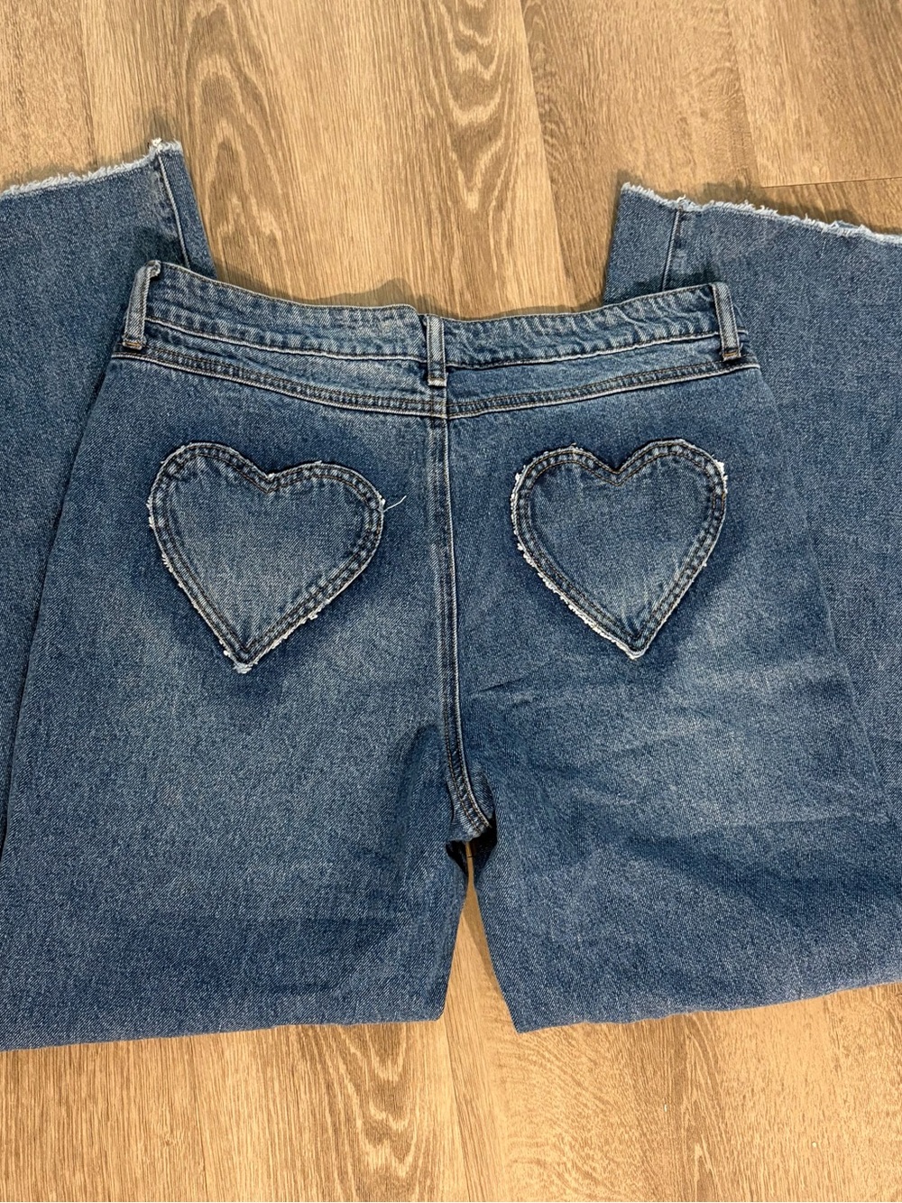 Ashley Mason Blue Denim Flare Jeans with Heart Patch Pockets